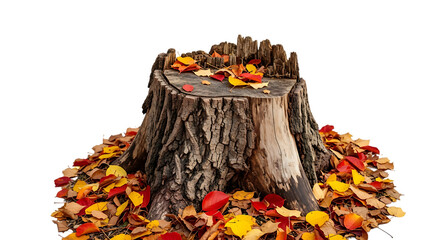 Tree stump covered with colorful autumn leaves isolated on transparent background