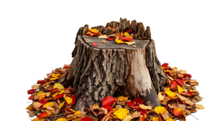 Tree stump covered with colorful autumn leaves isolated on transparent background