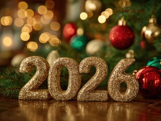 Sparkling 2026 numbers with festive christmas tree and lights