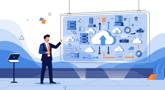 Professional presenting cloud computing architecture for business solutions efficiently effectively