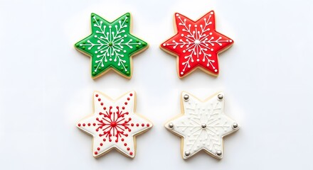 Obraz premium Four star shaped christmas cookies on white surface