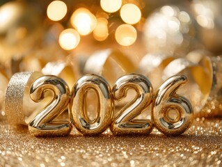 Shiny gold 2026 numbers with festive ribbon and glitter background