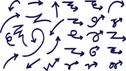 Collection of hand drawn dark blue arrows and symbols on white background