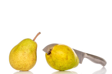 Sweet pear on white background, macro.