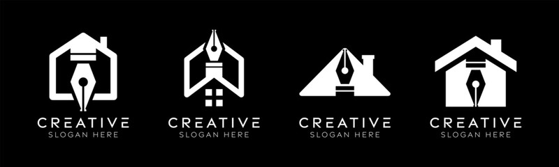 Set of house pencil logo design templates. Modern isolated house with pencil design for architects, tutoring, and education.