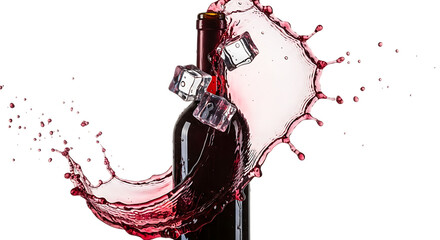Fototapeta premium A sleek bottle of red wine is dramatically enveloped in a vibrant splash of liquid, accompanied by ice cubes, isolated on transparent background, creating a dynamic and visually striking composition