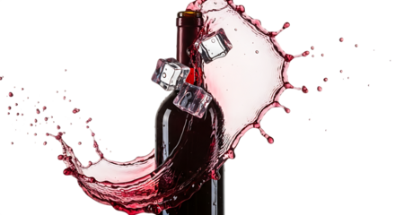 A sleek bottle of red wine is dramatically enveloped in a vibrant splash of liquid, accompanied by ice cubes, isolated on transparent background, creating a dynamic and visually striking composition
