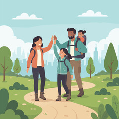 A happy family of four, including parents and two children, enjoys a scenic hike on a sunny day, giving high fives along a winding path.