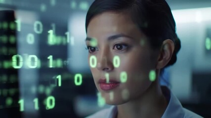 Closeup of a focused Asian woman looking at a screen with glowing green binary code and data overlay representing digital transformation cybersecurity and artificial intelligence in a modern tech env. - Powered by Adobe