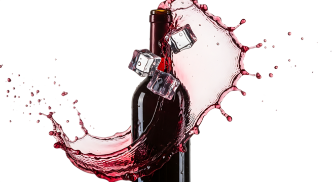 A sleek bottle of red wine is dramatically enveloped in a vibrant splash of liquid, accompanied by ice cubes, isolated on transparent background, creating a dynamic and visually striking composition