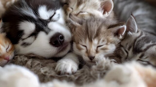 A closeup of a group of kittens and a husky puppy snuggled together on a fluffy blanket. The kittens and husky appear to be in a state of rest.