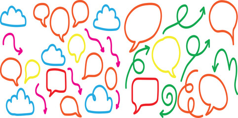 Colorful hand drawn speech bubbles and arrows collection