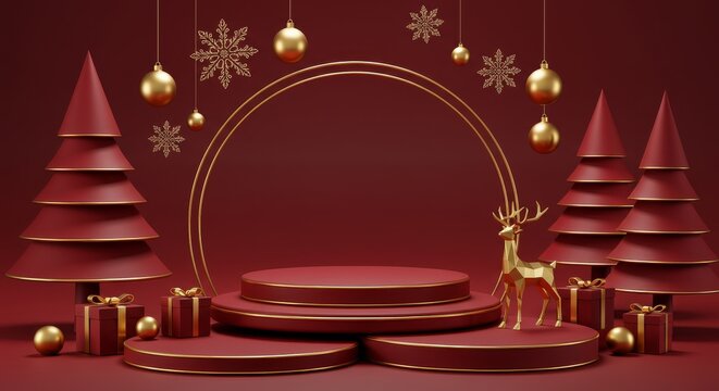 Luxury Christmas Product Display Scene. 3D Podium, Red and Gold Festive Decorations, Geometric Reindeer, Noel Holiday Background.