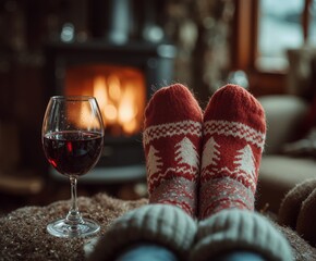 Cozy winter scene with warm fireplace glow, festive socks, and a glass of red wine. Relaxing holiday atmosphere, comfort, warmth, and peaceful hygge vibes perfect for Christmas and winter season.