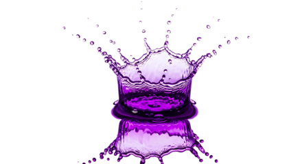 Captivating purple water splash in a crown shape isolated on transparent background, showcasing the beauty and dynamism of fluid motion, ideal for illustrating concepts like purity, freshness, or luxu
