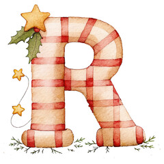 Pastel Christmas Font. Decorative letter "R" with a festive design, featuring red stripes and holiday accents.