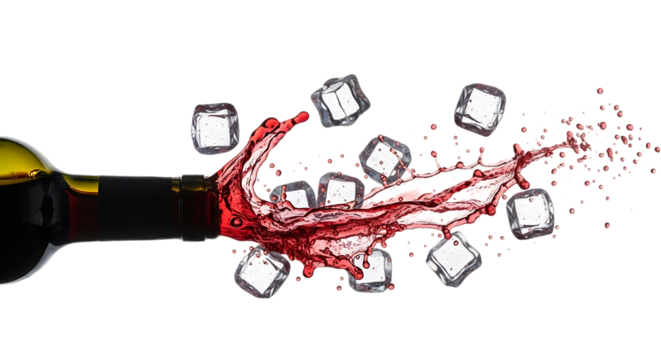 Dynamic shot of red wine splashing out of a bottle with ice cubes, isolated on transparent background the vibrant red liquid creates a visually striking contrast against the clear ice - Powered by Adobe
