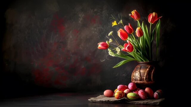 Easter bunny. A still life painting featuring a bouquet of tulips and other flowers. The tulips are in various stages of bloom, with some fully opened and others still closed.