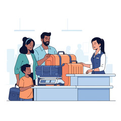 A happy family with their son and luggage at the airport check-in desk with an airline attendant.
