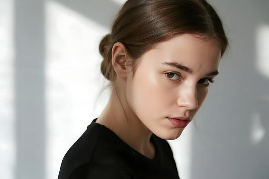 A young woman with neat bun hairstyle and black top