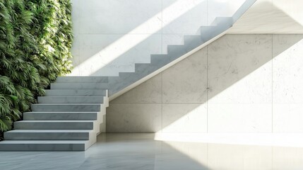 Stairs leading to an upper level in a modern architectural space with greenery on the left side