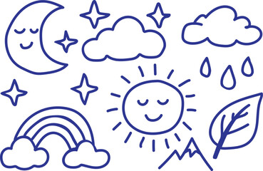 Cute hand drawn weather elements with smiling moon and sun