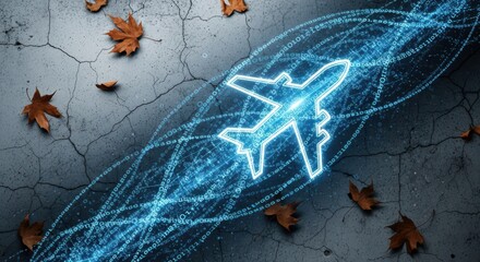 Digital airplane hologram over cracked surface with autumn leaves