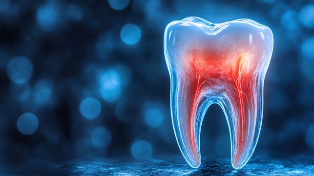 highly detailed digital illustration of a tooth with root canal infection and reddened pain areas for dental health and oral care awareness