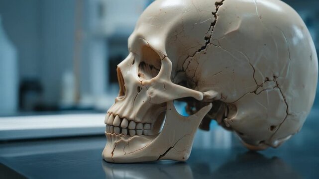 Human skull on analysis table in laboratory for medical research and study. Human skull bone - Phrenology, craniometry, neurology