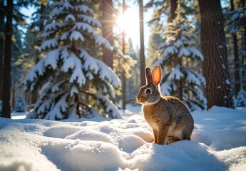 Naklejka premium Solitary rabbit in a snow covered pine forest under midday sunlight. Deep focus captures a serene winter wildlife moment.