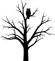 Silhouette of an owl perched on a bare tree branch.