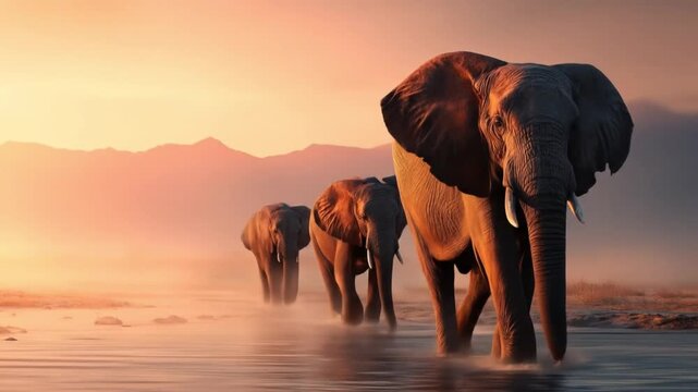 Three elephants wade through reflective water at sunset, silhouette fading toward distant mountains