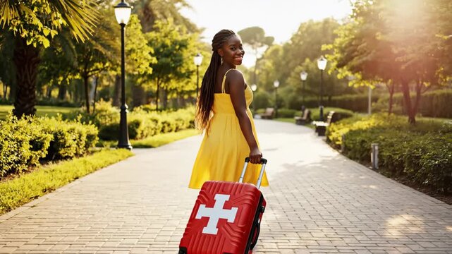 Woman Traveling with Luggage in Park - A beautiful Black woman in a yellow dress is smiling and walking away, pulling a red suitcase with a white cross along a brick path in a park.