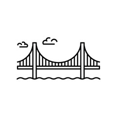 Iconic suspension bridge with clouds and water illustration