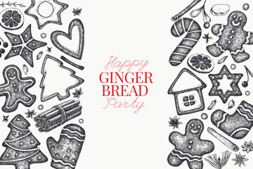 Vintage Hand Drawn Vector Design Template of Gingerbread. Not AI Generated. Retro Christmas Pastry Engraved Old Style Illustration