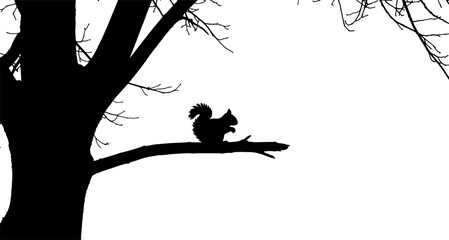 Silhouette of a squirrel perched on a tree branch.