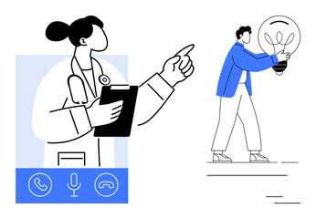 Doctor holding clipboard in virtual call interface alongside person carrying lit bulb. Ideal for telemedicine, innovation, healthcare strategy, communication, collaboration, creativity