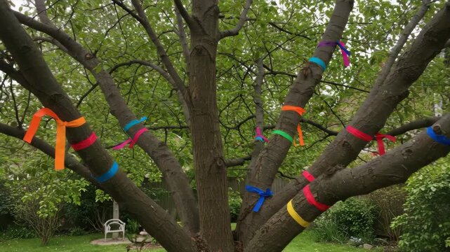 Tree with marked branches for pruning in backyard. Tree used for seasonal garden trimming, arbor work, tool placement, plant care, backyard maintenance and spring preparation