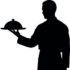 Silhouette of a waiter holding a covered dish.