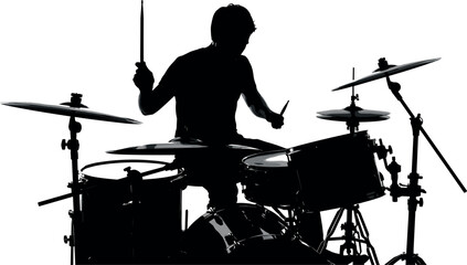 Silhouette of a drummer playing a drum kit with drumsticks.