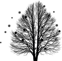 Silhouette of a bare tree adorned with ornaments and snowflakes against white background.