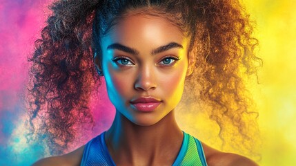 vibrant portrait of a young athletic woman with colorful neon lighting