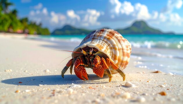 A vibrant, close-up view of a hermit crab emerging from its shell, walking across a white sand beach near the ocean