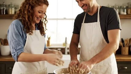 Happy couple baking together in kitchen with flour on their hands - Powered by Adobe