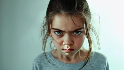 A closeup portrait of a young girl with a serious expression. The style is realistic with a touch of artistic flair, particularly in the eyes and lips. The color palette is soft and muted.