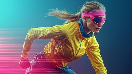 dynamic female athlete in motion wearing bright sportswear and sunglasses