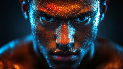intense close-up of a man with glittering body art and piercing gaze for creative photography and artistic projects