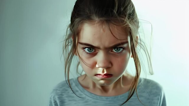 A closeup portrait of a young girl with a serious expression. The style is realistic with a touch of artistic flair, particularly in the eyes and lips. The color palette is soft and muted.