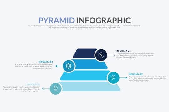 Pyramid Infographic, funnel pyramid business infographic with 4 charts. Template can be edited, recolored, editable. EPS Vector