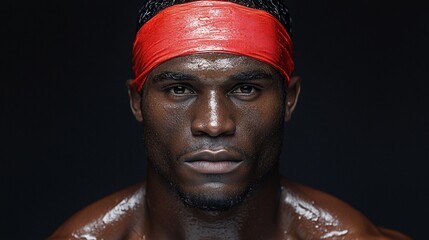intense portrait of a focused male athlete with red headband showing determination and strength